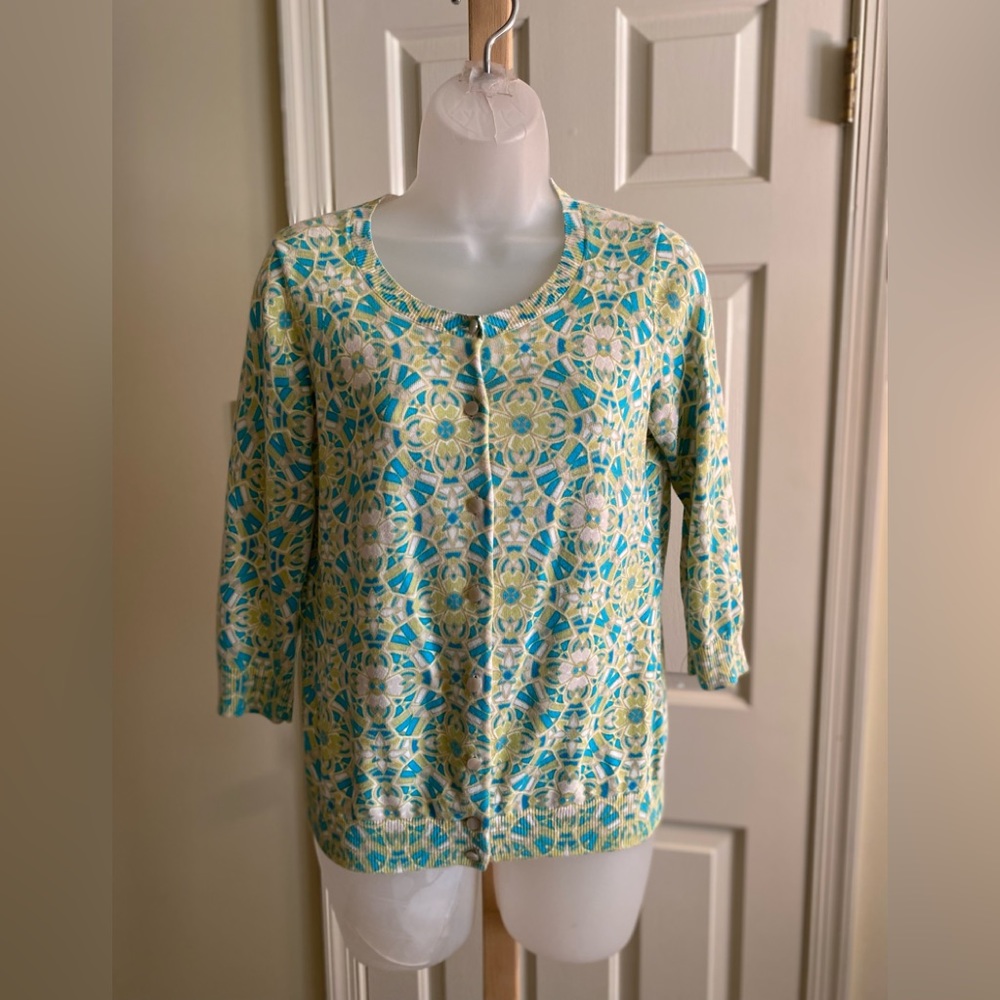 Talbots - Floral pattern long sleeve cardigan sweater (teal/green/white), SP